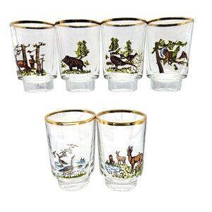 Vintage Ruhrglas Wildlife Shot Glasses Set Of 6 With Gold Rim Wildlife